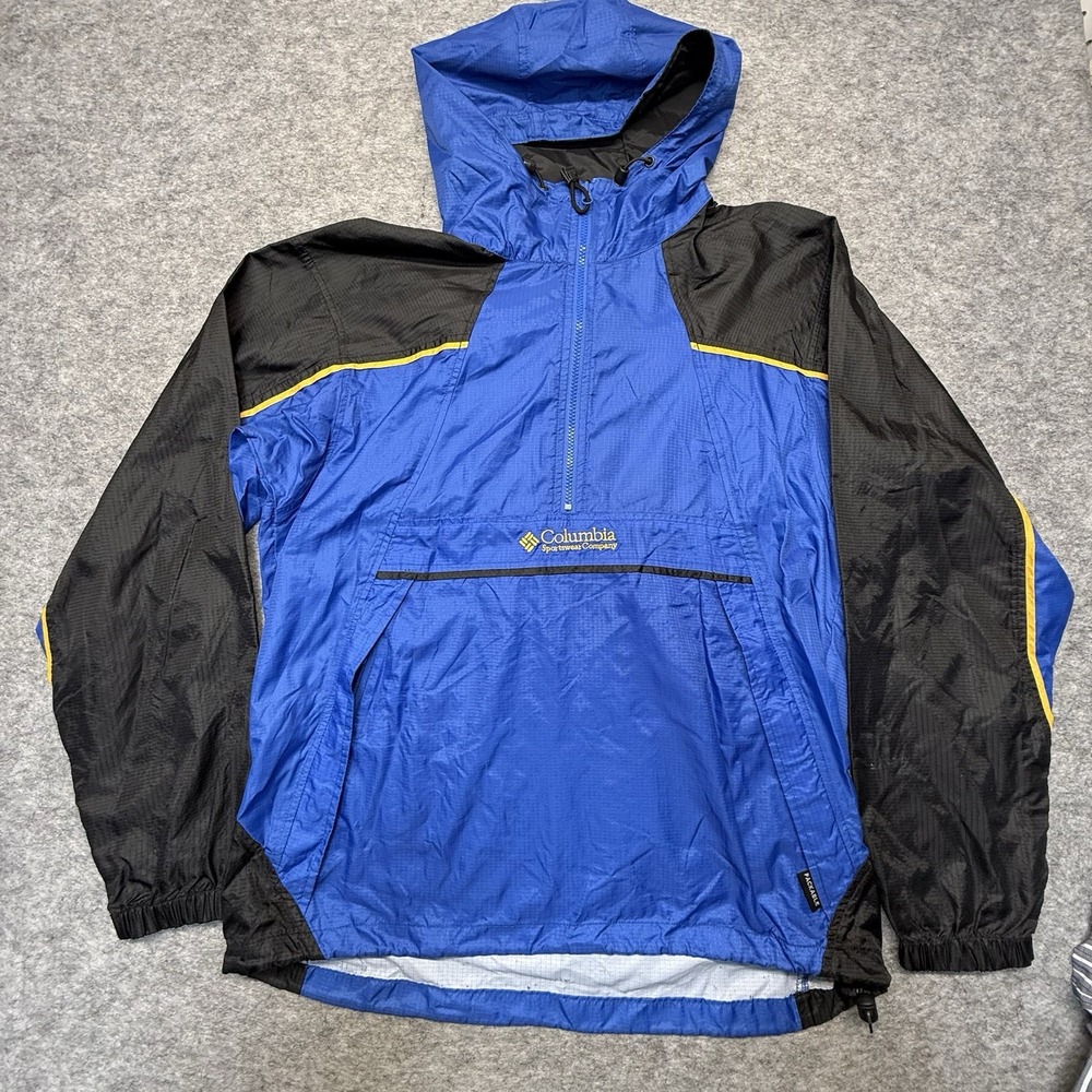 Columbia Packable Anorak Mens M Blue Black Hooded Windbreaker Jacket